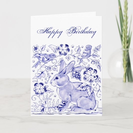 Delft Blue White Rabbit Birds Dedham Birthday Karte (Vorderseite)