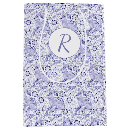 Delft Blue & White Rabbit Birds Ostermonogram Mittlere Geschenktüte (Vorderseite)