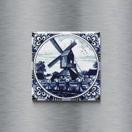 Delft Blue Windmill and Haystacks Painting Magnet