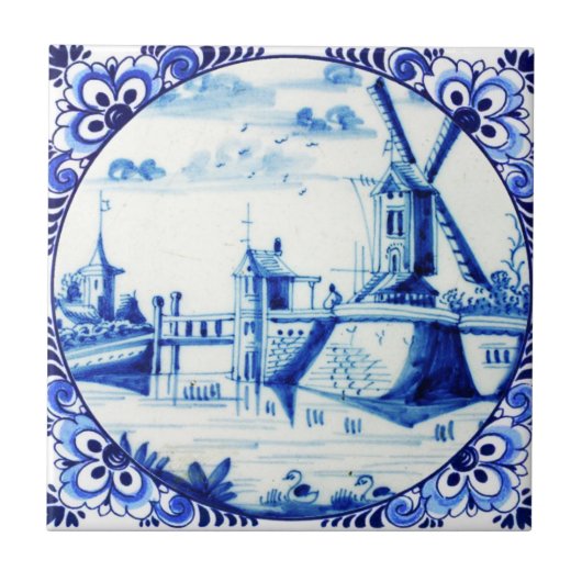 Delft Blue Windmill Bridge and Waterways Fliese (Vorderseite)