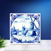 Delft Blue Windmill Bridge and Waterways Fliese