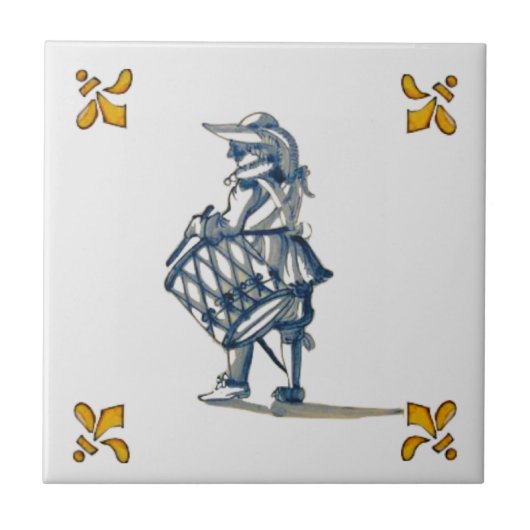 Delft Drummer Tile c 1890 in Blau, Grau und Gelb Fliese (Vorderseite)
