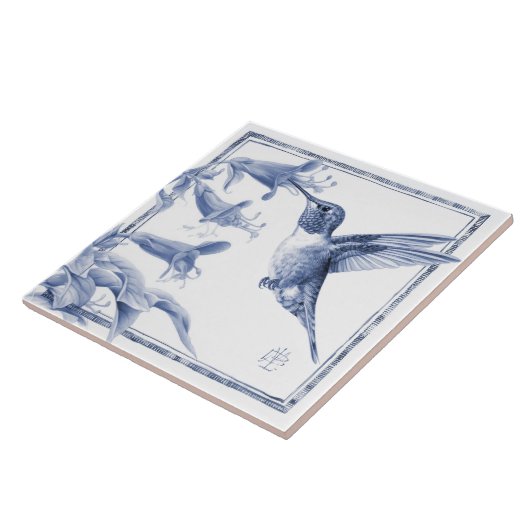 Delft Hummingbird Deco Art Nouveau Watercolor Fliese (Seite)