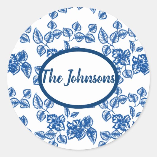 Delft-LIke Blue Floral Print Runder Aufkleber (Vorderseite)