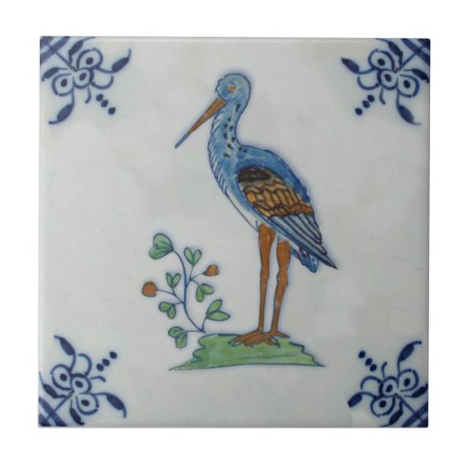 Delft Polychrome Stork aus dem 18. Jahrhundert? He Fliese (Vorderseite)
