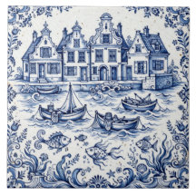 Delft Stadt & Fischereihafen Kobaltblau Weiß