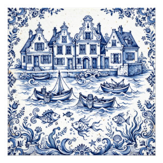 Delft Stadt & Fischereihafen Kobaltblau Weiß Fotodruck