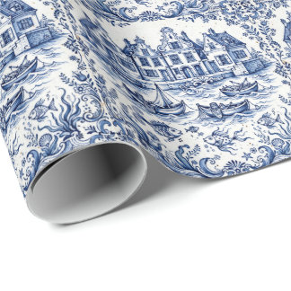 Delft Stadt & Fischereihafen Kobaltblau Weiß Geschenkpapier