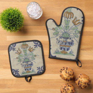 Delft Tile Antique Keramik Blume Pot Ofenhandschuh & Topflappen-Set