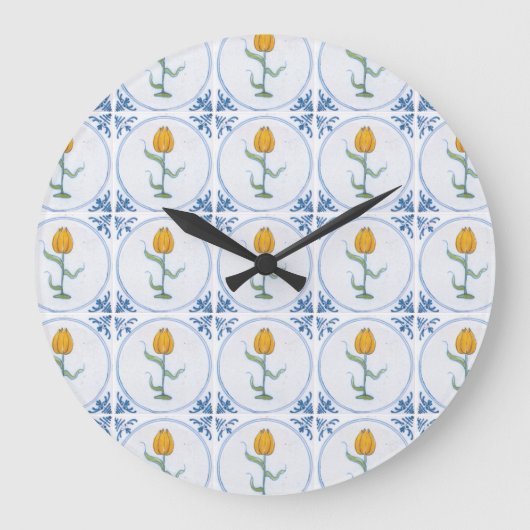Delft Tulip Tile Art No Numbers Clock Große Wanduhr (Vorderseite)