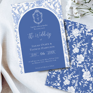 Delfter Blau Florale Chinoiserie Monogramm-Hochzei Einladung