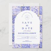 Delfter Blau-Patchwork-Porzellan-Hochzeit Save The Date (Vorderseite)