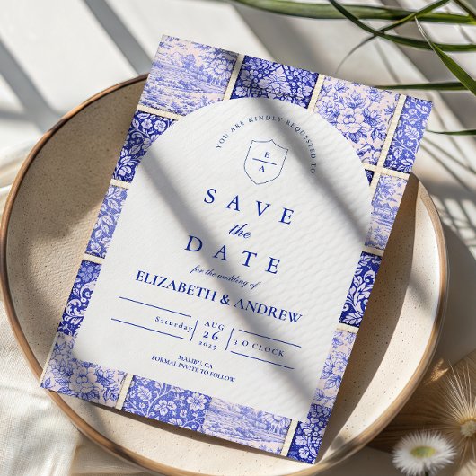 Delfter Blau-Patchwork-Porzellan-Hochzeit Save The Date