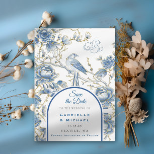 Delfter Blau-Weiß-Chinoiserie-Porzellanvogel Save The Date