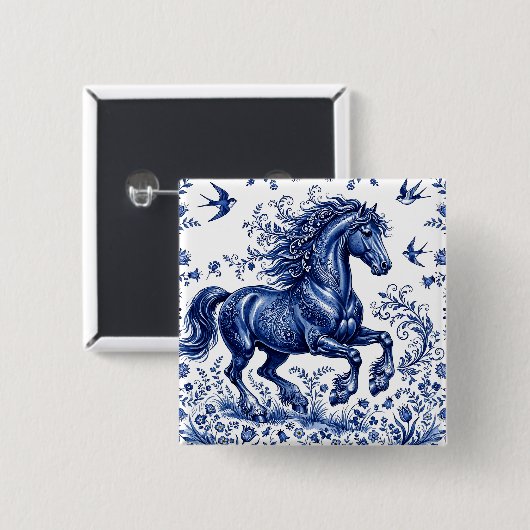 Delfter Delftware-Stil Friesenhengst auf der Wiese Button (Vorne & Hinten)