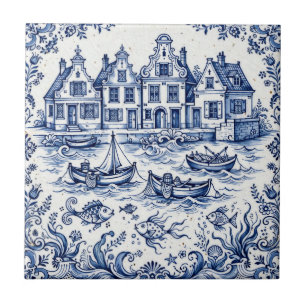 Delfter Stadt & Fischereihafen Kobaltblau Weiß  Fliese