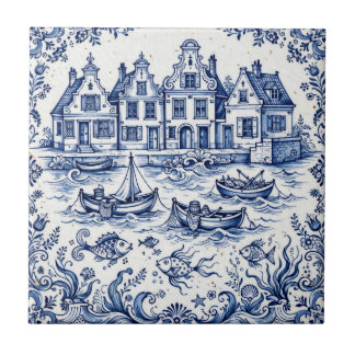 Delfter Stadt & Fischereihafen Kobaltblau Weiß Fliese