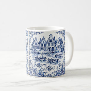 Delfter Stadt & Fischereihafen Kobaltblau Weiß Kaffeetasse