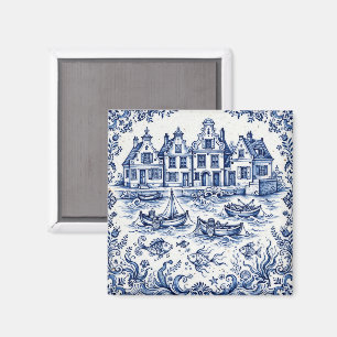 Delfter Stadt & Fischereihafen Kobaltblau Weiß Magnet
