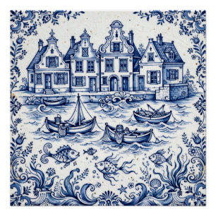 Delfter Stadt & Fischereihafen Kobaltblau Weiß Poster