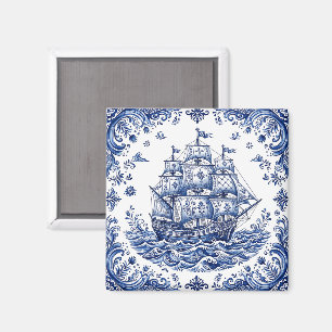 Delfter Stil Blau-Weißes Handelsschiff Magnet
