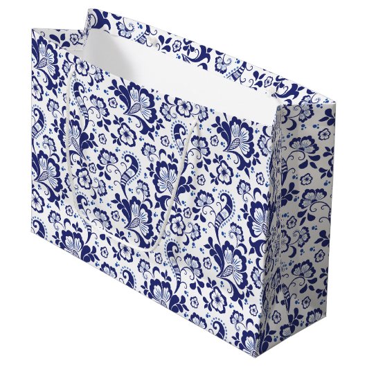 Delfts Blauw | Delft Blue Floral Dutch Wedding Große Geschenktüte (Vorderseite Schrägansicht)