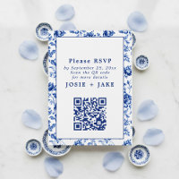 Delftware-inspirierte blaue Floral-RSVP mit QR-Cod
