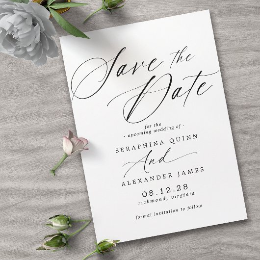 Delicate Airy Script | Classic Black and White Save The Date