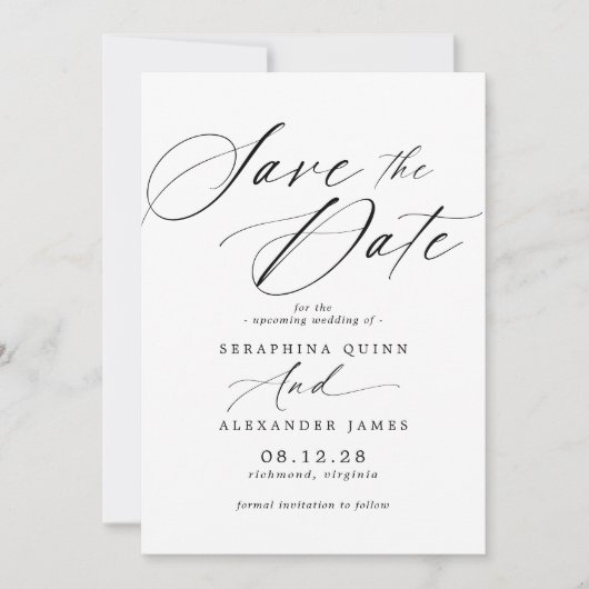 Delicate Airy Script | Classic Black and White Save The Date (Vorderseite)