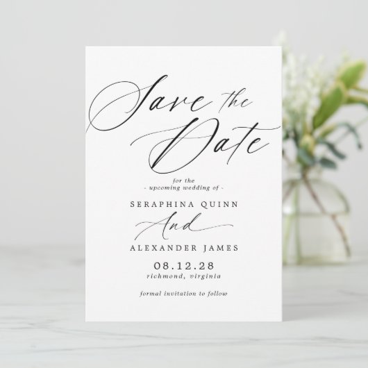 Delicate Airy Script | Classic Black and White Save The Date (Stehend Vorderseite)