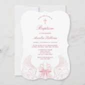 Delicate Angel Wings Pink Bow Baptism Einladung (Vorderseite)
