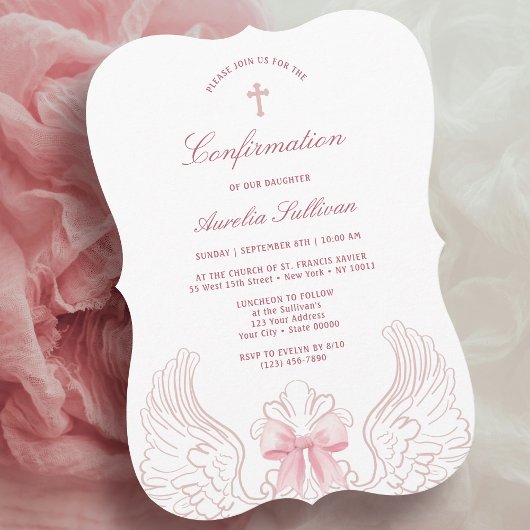 Delicate Angel Wings Pink Bow Confirmation Einladung