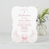 Delicate Angel Wings Pink Bow Confirmation Einladung (Stehend Vorderseite)