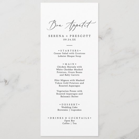 Delicate Black Calligraphy Bon Appétit Dinner Men Menükarte (Vorderseite)