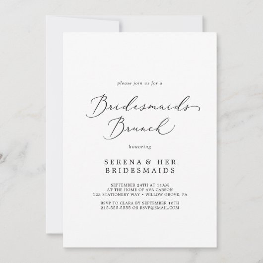 Delicate Black Calligraphy Bridesmaids Brunch Einladung (Vorderseite)