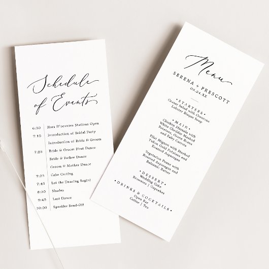Delicate Black Wedding Menu and Schedule of Events Menükarte
