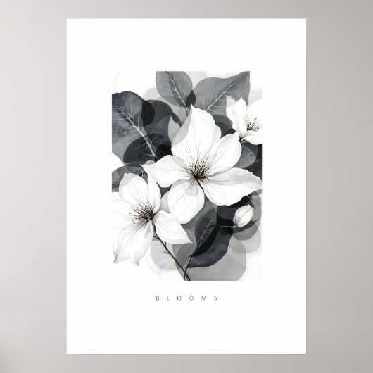 Delicate Black White Overlapping Leaves & Flowers Poster (Vorne)