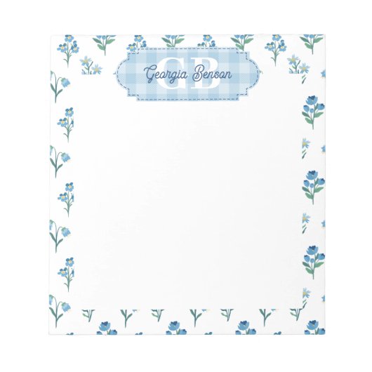 Delicate Blue Floral Monogram Cottagecore Notizblock (Vorderseite)
