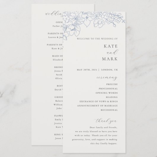 Delicate Blue Floral Wedding Programm (Vorne/Hinten)