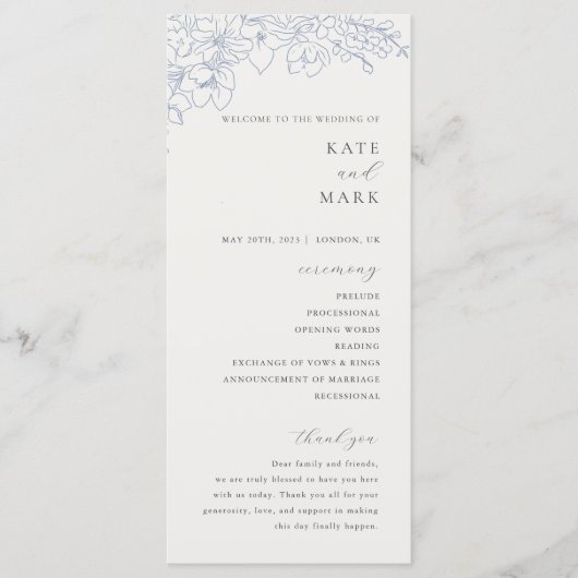 Delicate Blue Floral Wedding Programm (Vorderseite)