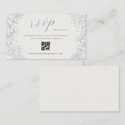 Delicate Blue Floral Wedding QR code RSVP Begleitkarte (Vorne/Hinten)
