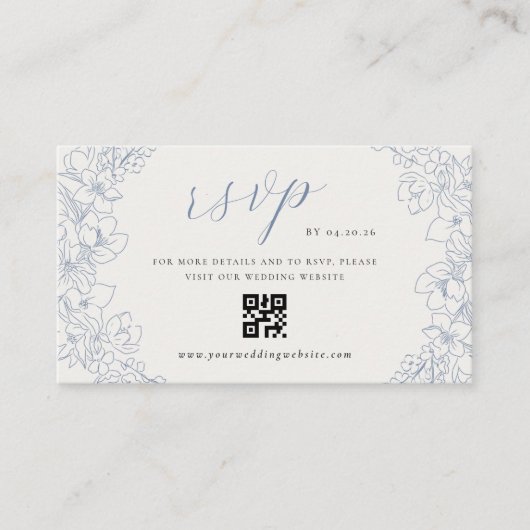 Delicate Blue Floral Wedding QR code RSVP Begleitkarte (Vorderseite)