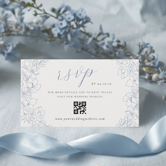 Delicate Blue Floral Wedding QR code RSVP Begleitkarte