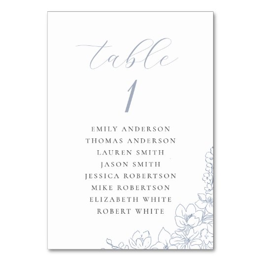 Delicate Blue Floral Wedding Seating Chart Tischnummer (Vorderseite)