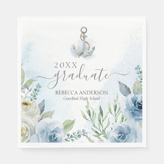 Delicate Blue Watercolor Floral Anchors Graduation Serviette (Vorderseite)