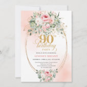 Delicate Blush Floral Greenery Elegant 90 Birthday Einladung (Vorderseite)