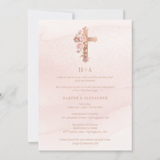 Delicate Blush Glitter Christian Cross Wedding Einladung (Vorderseite)