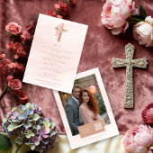 Delicate Blush Glitter Christian Cross Wedding Einladung