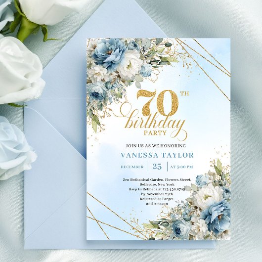 Delicate boho blue florals gold frame 70 birthday einladung