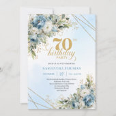 Delicate boho blue florals gold frame 70 birthday einladung (Vorderseite)